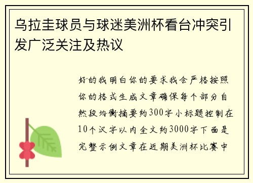 乌拉圭球员与球迷美洲杯看台冲突引发广泛关注及热议